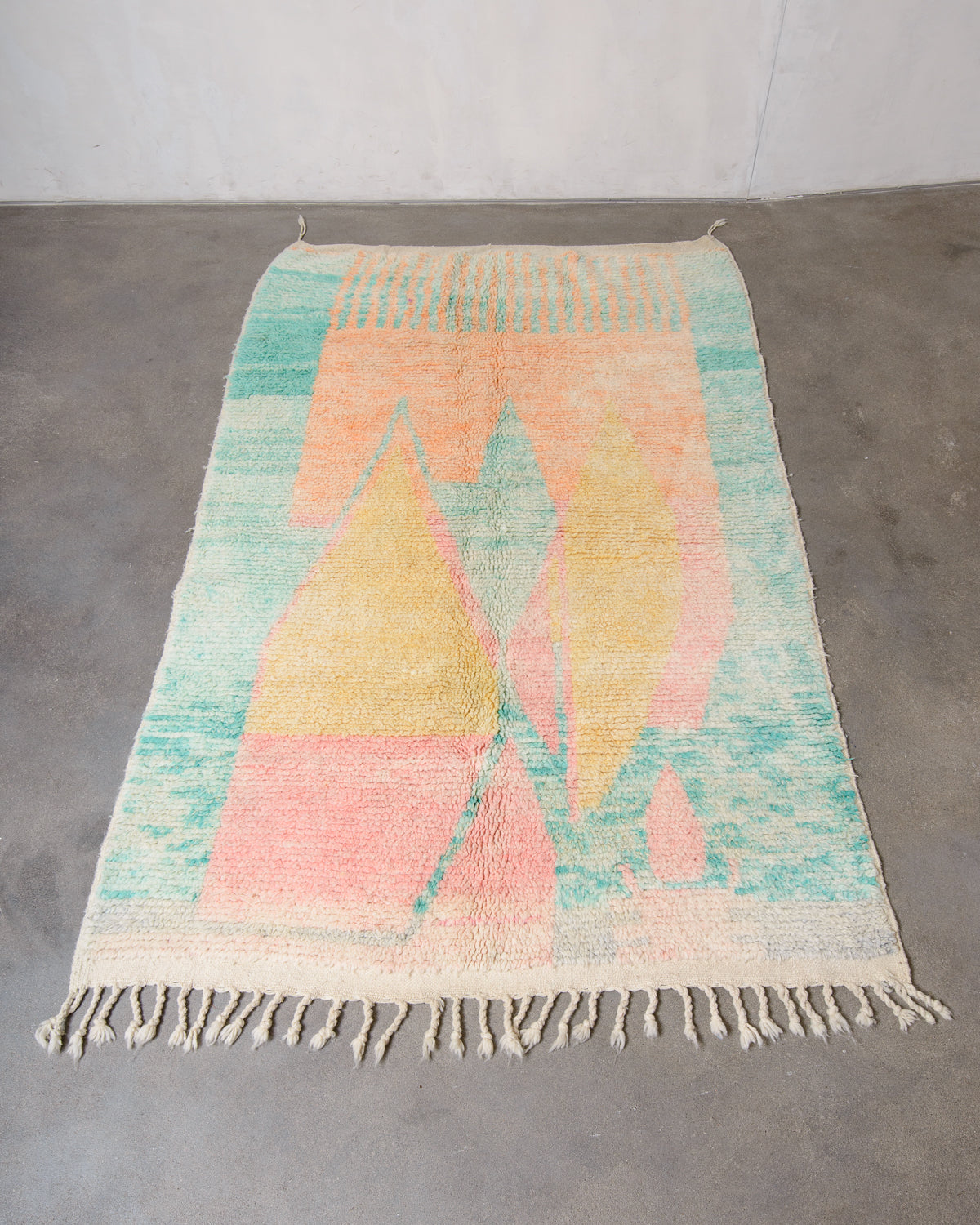Modern, designer, handcrafted Berber rug from Morocco. Vintage carpet with beautiful colours and patterns and fluffy texture.
